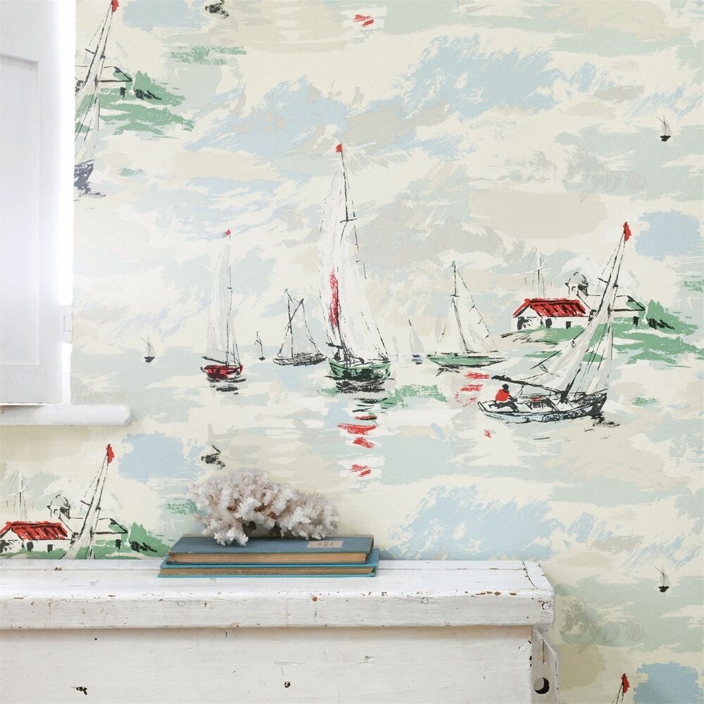 behang sanderson Sail Away vintage 2 sfeer 1 zeilboten behang jaren 50