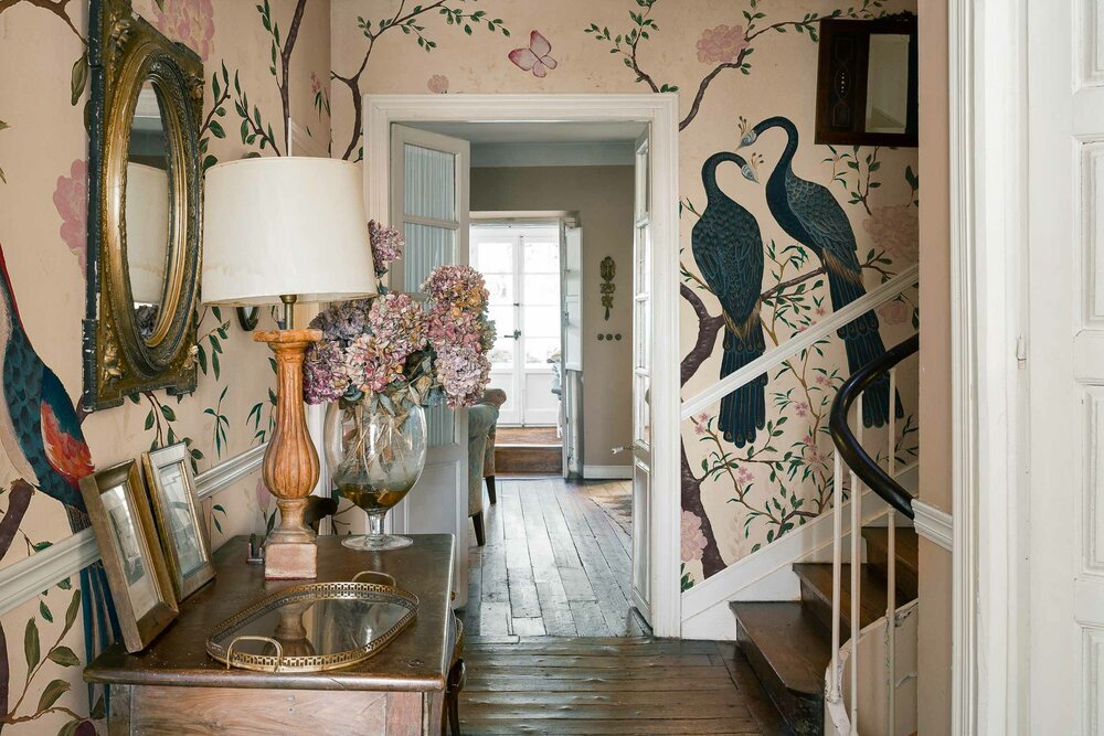 Coordonne Edo Peony Swan zijden behang linnen behang sfeer