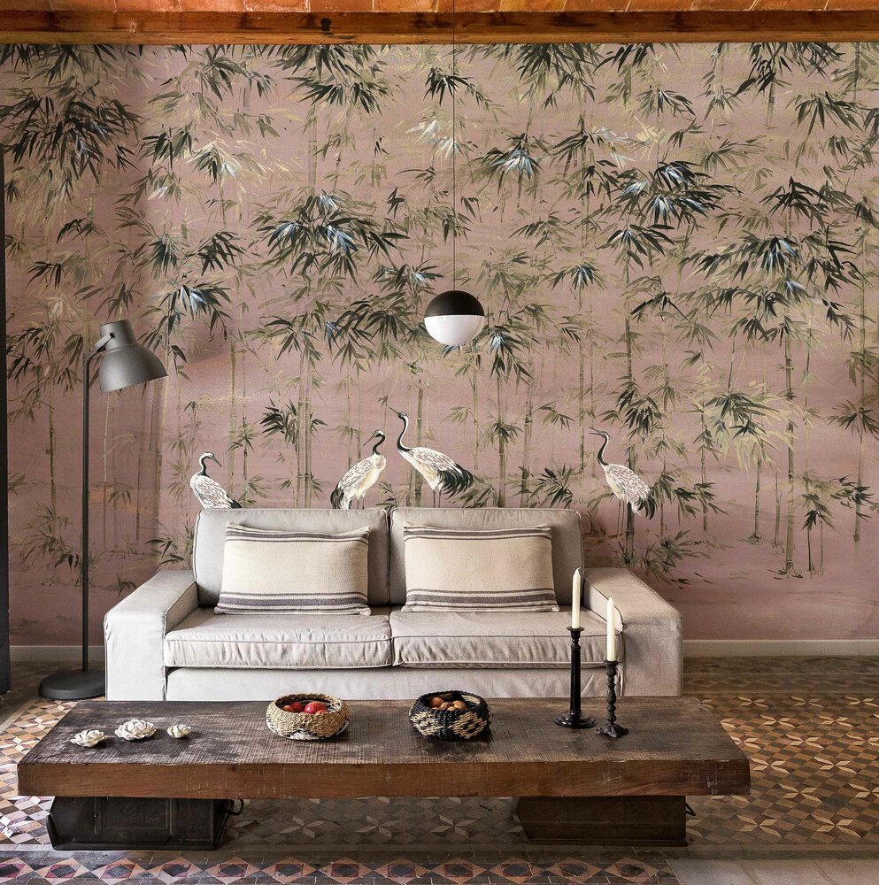 coordonne garzas rose behang mural sfeer