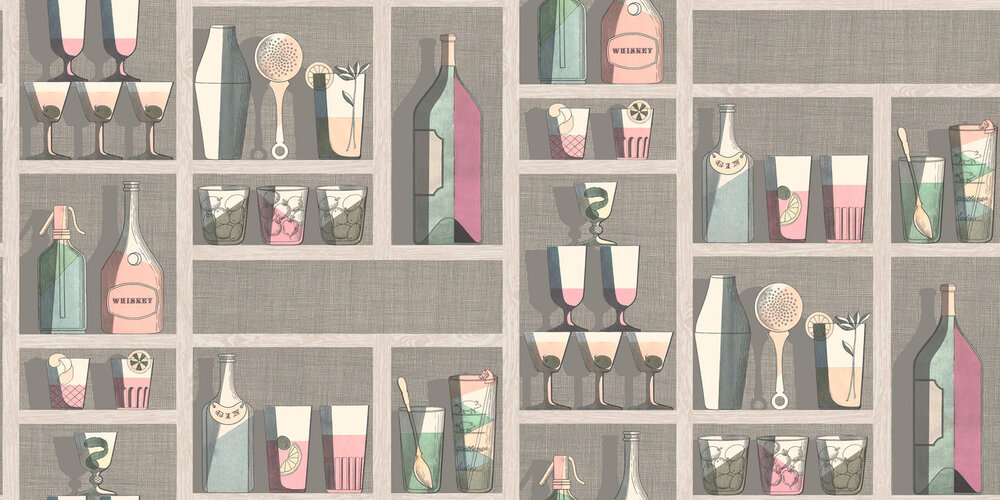 Fornasetti Cocktails behang papier 114-23044 Senza Tempo Cole and Son flessen kast cocktails