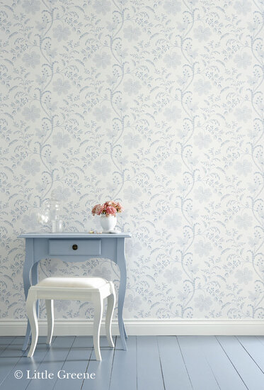 Little Greene behang, London Wallpapers 2, Bedford Square, wit, groen, bloem, streep, 0273BEPRINT, luxury by nature