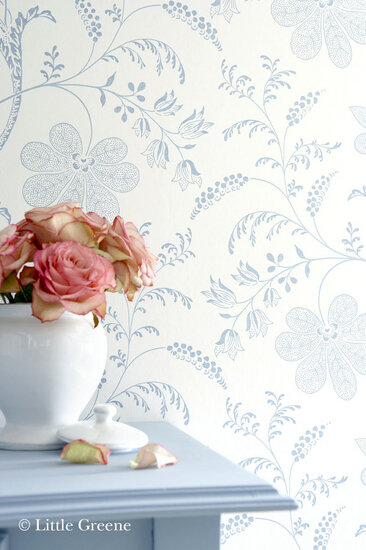 Little Greene behang, London Wallpapers 2, Bedford Square, wit, blauw, bloem, streep, 0273BEPORCE, luxury by nature