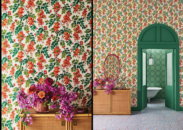 Cole and Son Bougainvillea behang 117-6016 met Cole and Son Piccadilly behang
