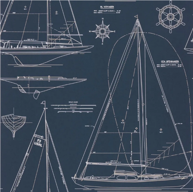 Ralph Lauren Boat Blueprint Behang - WHITE ON DARK BLUE PRL5035/02