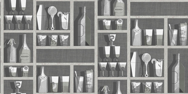 Fornasetti Cocktails behang papier 114-23045 Senza Tempo Cole and Son flessen kast cocktails