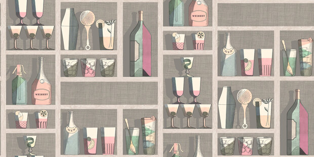 Fornasetti Cocktails behang papier 114-23044 Senza Tempo Cole and Son flessen kast cocktails