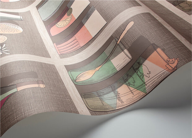 Fornasetti Cocktails behang papier 114-23044 detail Senza Tempo Cole and Son flessen kast cocktails