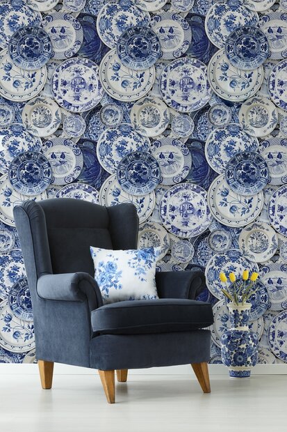 Mind the Gap Delftware Behang Delftsblauwe borden behang WP20187